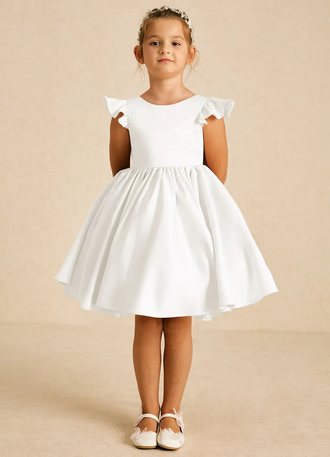Ruffle Cap Sleeve Round Neck V Back Big Bow White Satin Knee-Length Flower Girl Dresses
