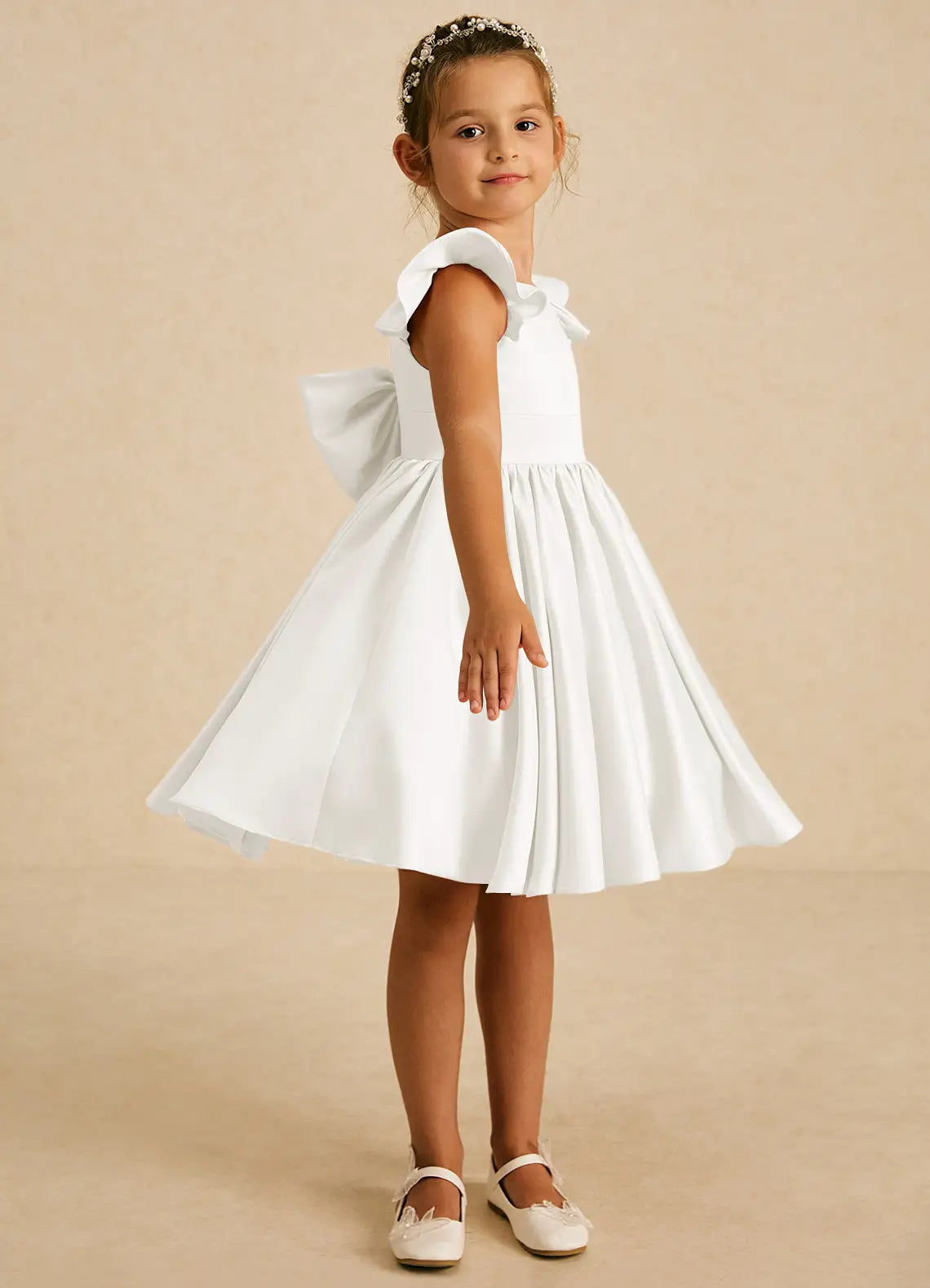 Ruffle Cap Sleeve Round Neck V Back Big Bow White Satin Knee-Length Flower Girl Dresses