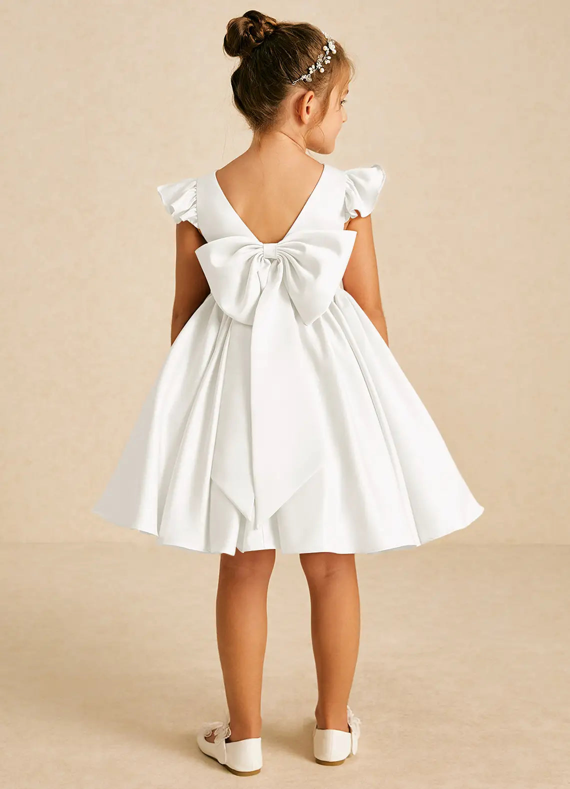 Ruffle Cap Sleeve Round Neck V Back Big Bow White Satin Knee-Length Flower Girl Dresses