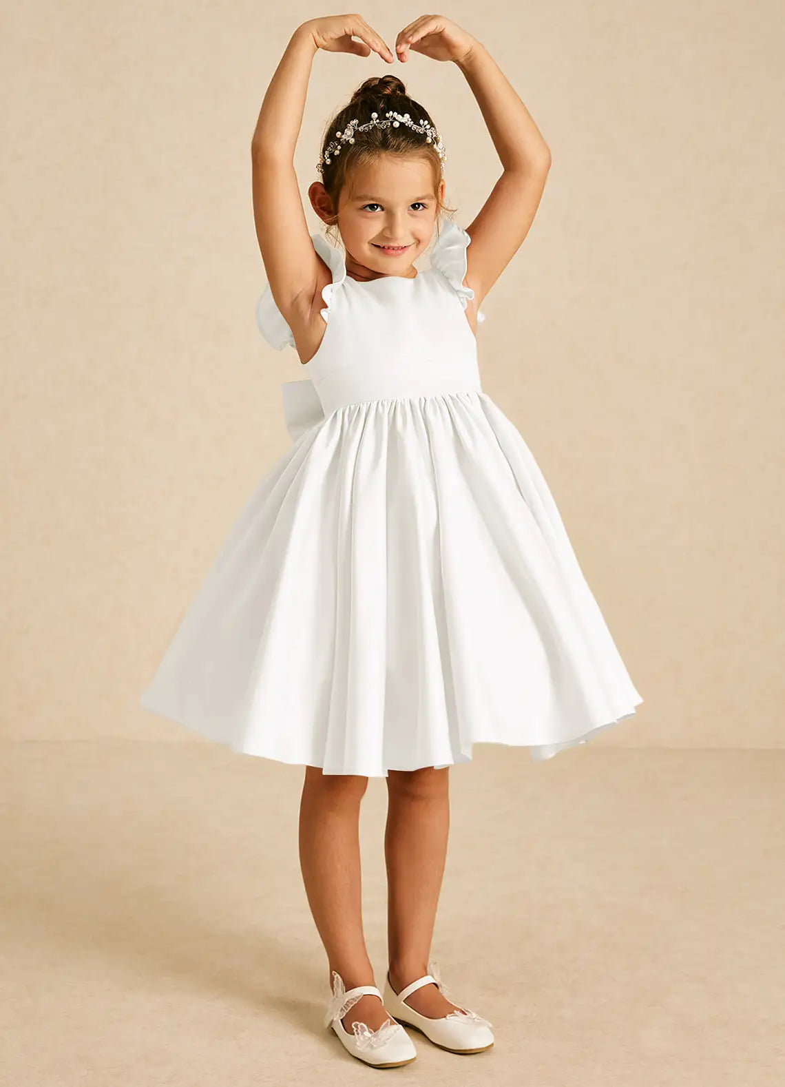 Ruffle Cap Sleeve Round Neck V Back Big Bow White Satin Knee-Length Flower Girl Dresses