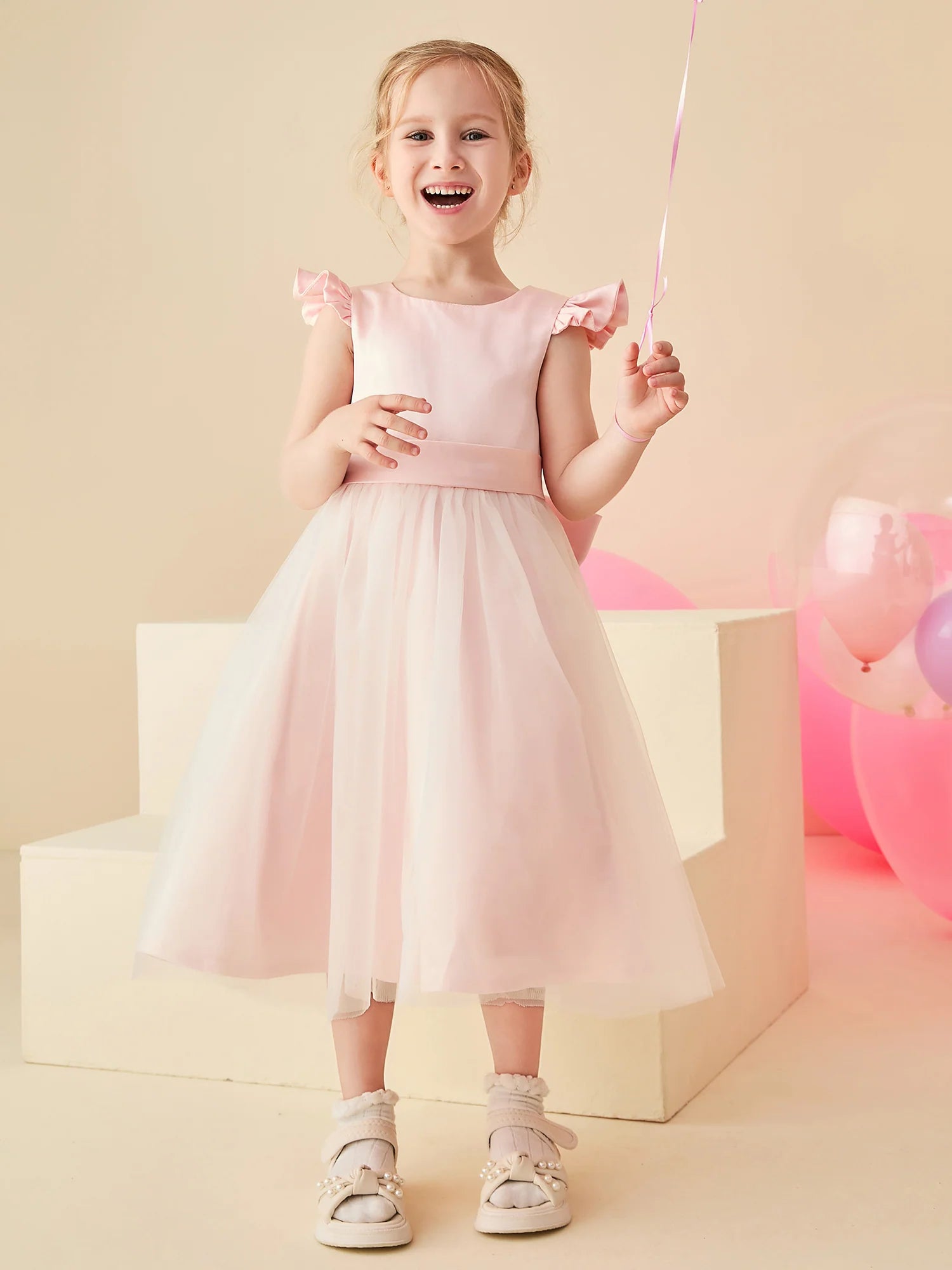 Ruffle Cap Sleeve Round Neck V Back Large Satin Bow Blush Tulle Midi Length Flower Girl Dresses
