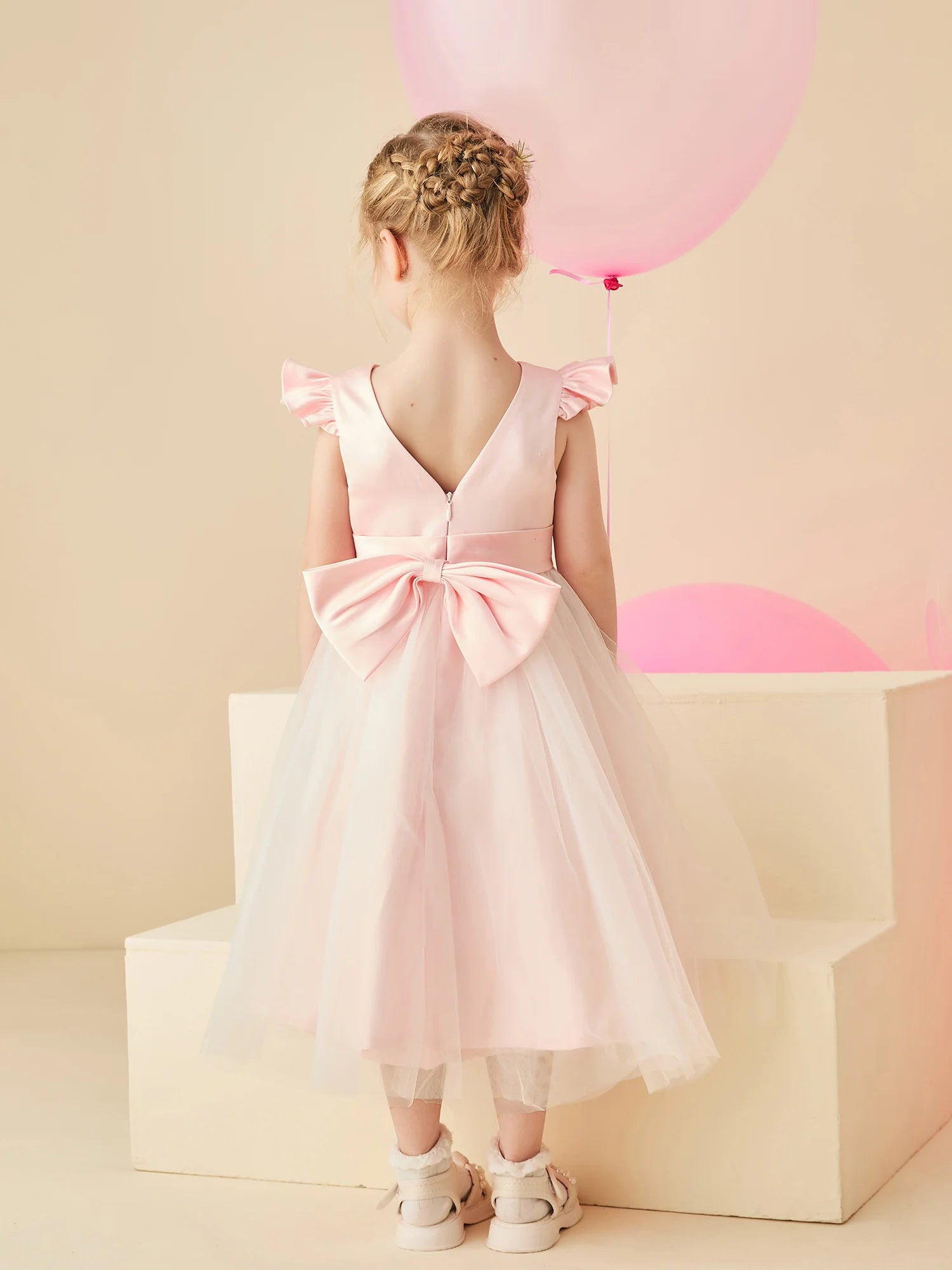 Ruffle Cap Sleeve Round Neck V Back Large Satin Bow Blush Tulle Midi Length Flower Girl Dresses