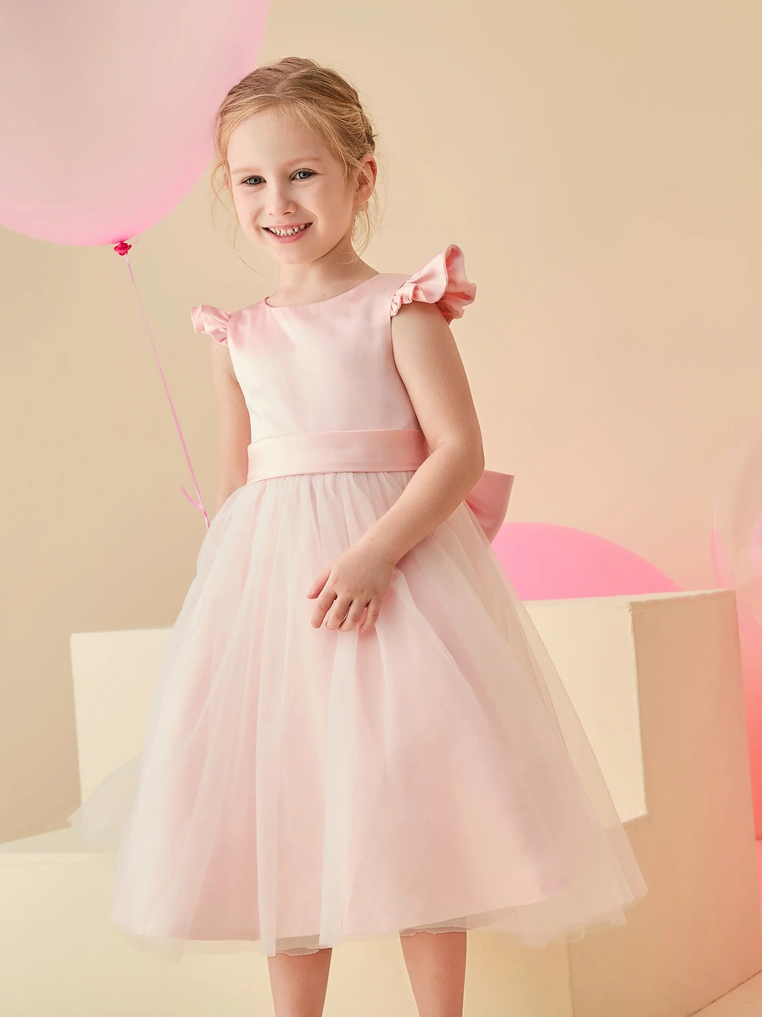 Ruffle Cap Sleeve Round Neck V Back Large Satin Bow Blush Tulle Midi Length Flower Girl Dresses