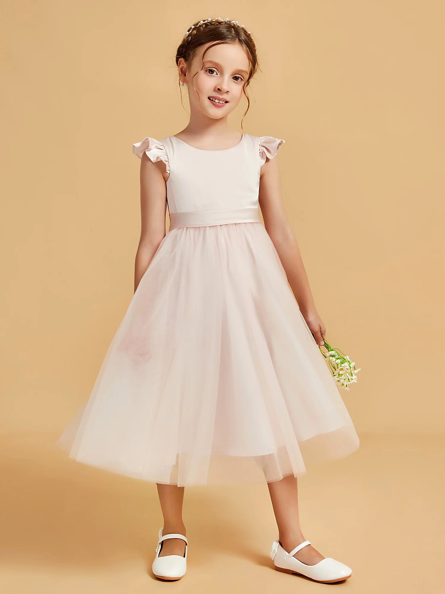 Ruffle Cap Sleeve Round Neck V Back Long Tail Bow Blush Pink Tulle Midi Length Flower Girl Dresses