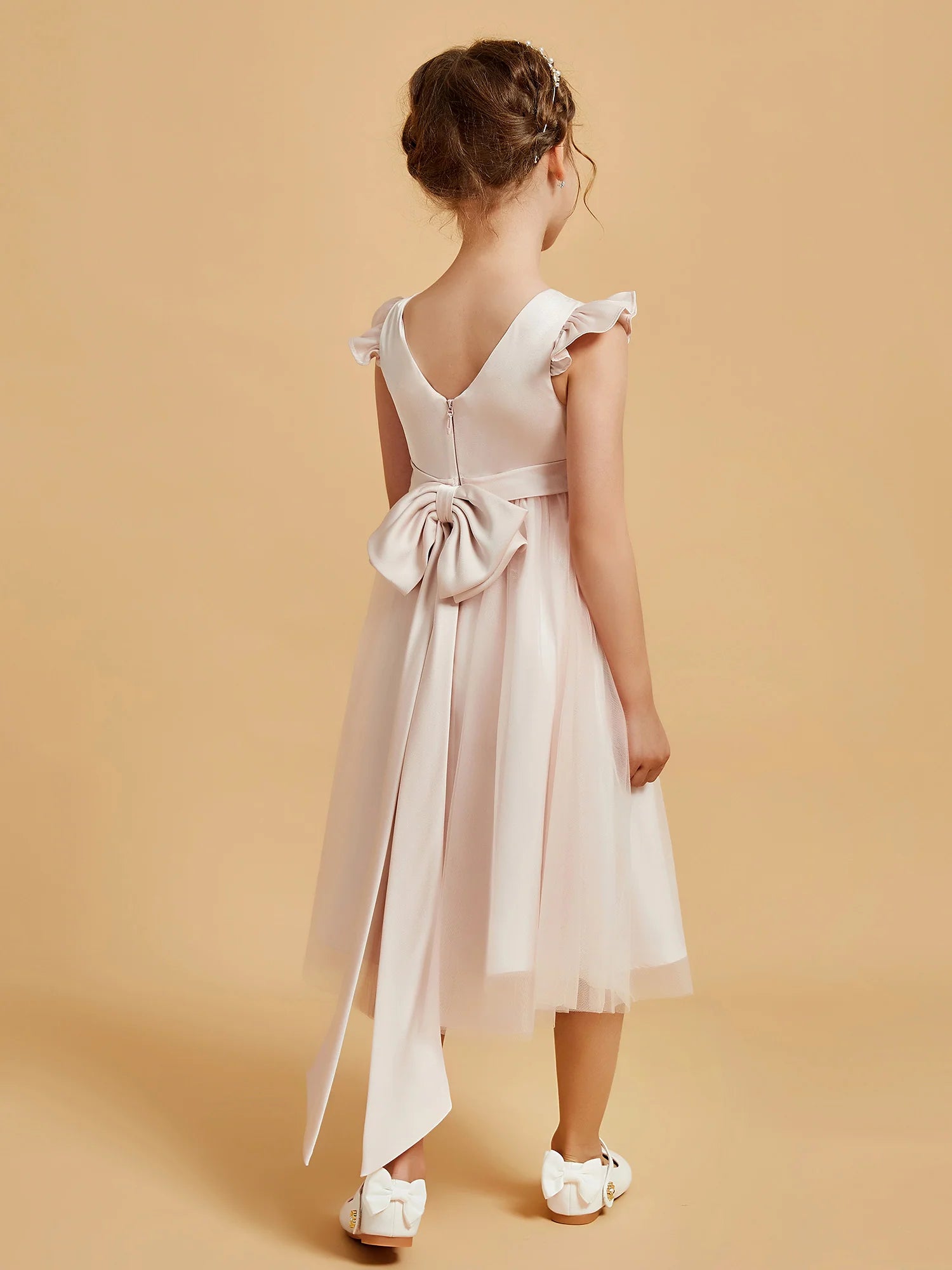 Ruffle Cap Sleeve Round Neck V Back Long Tail Bow Blush Pink Tulle Midi Length Flower Girl Dresses