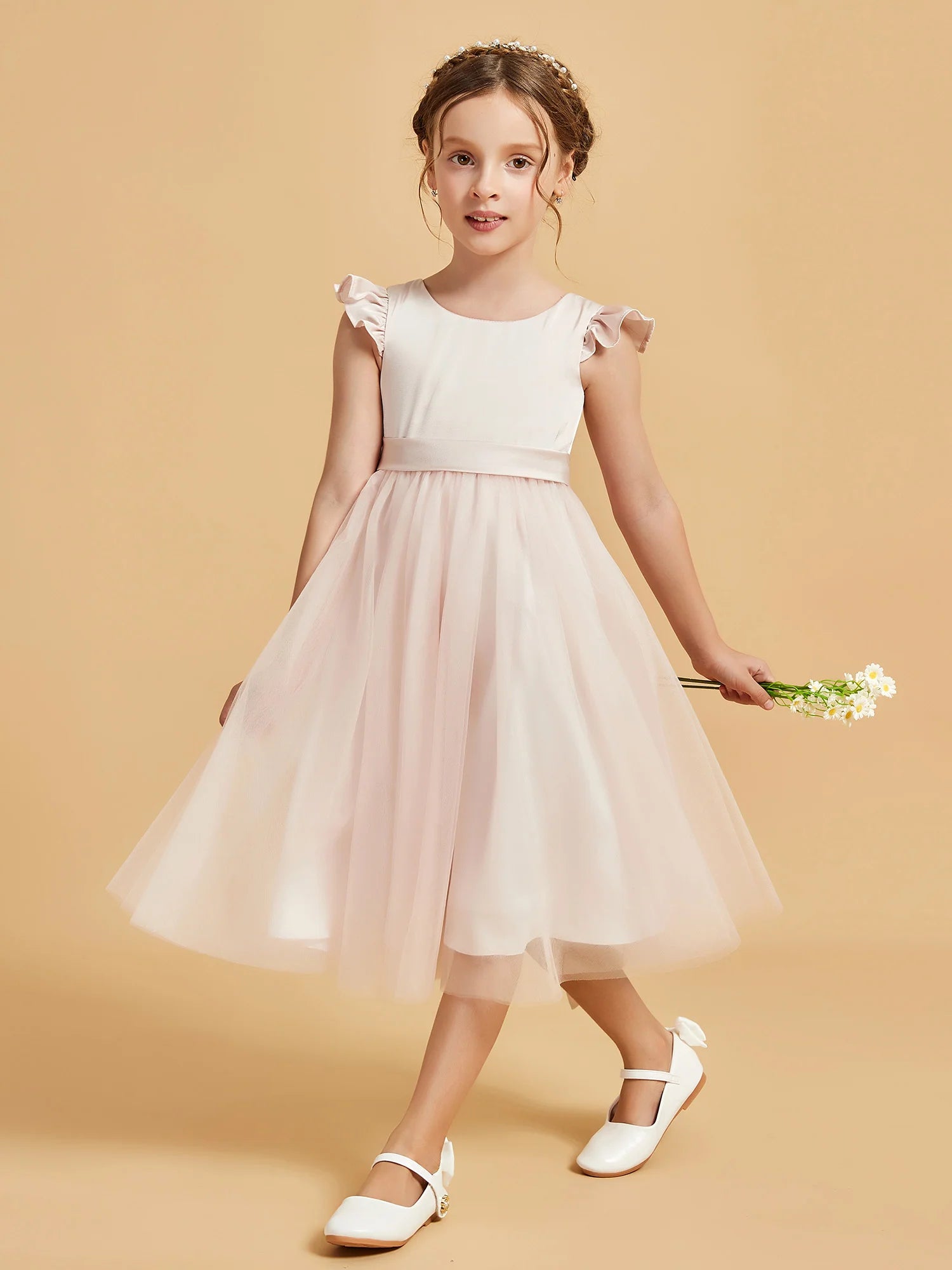 Ruffle Cap Sleeve Round Neck V Back Long Tail Bow Blush Pink Tulle Midi Length Flower Girl Dresses