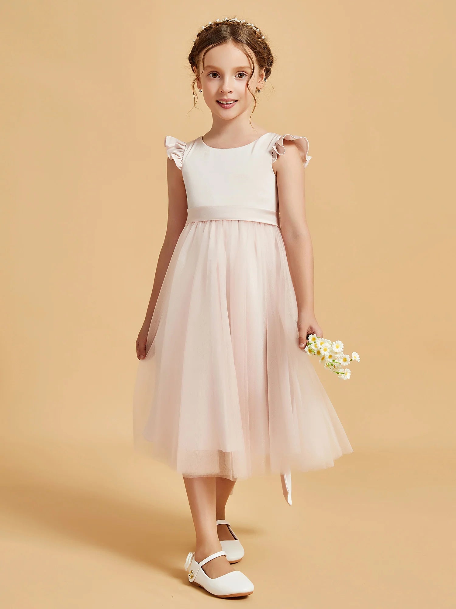 Ruffle Cap Sleeve Round Neck V Back Long Tail Bow Blush Pink Tulle Midi Length Flower Girl Dresses
