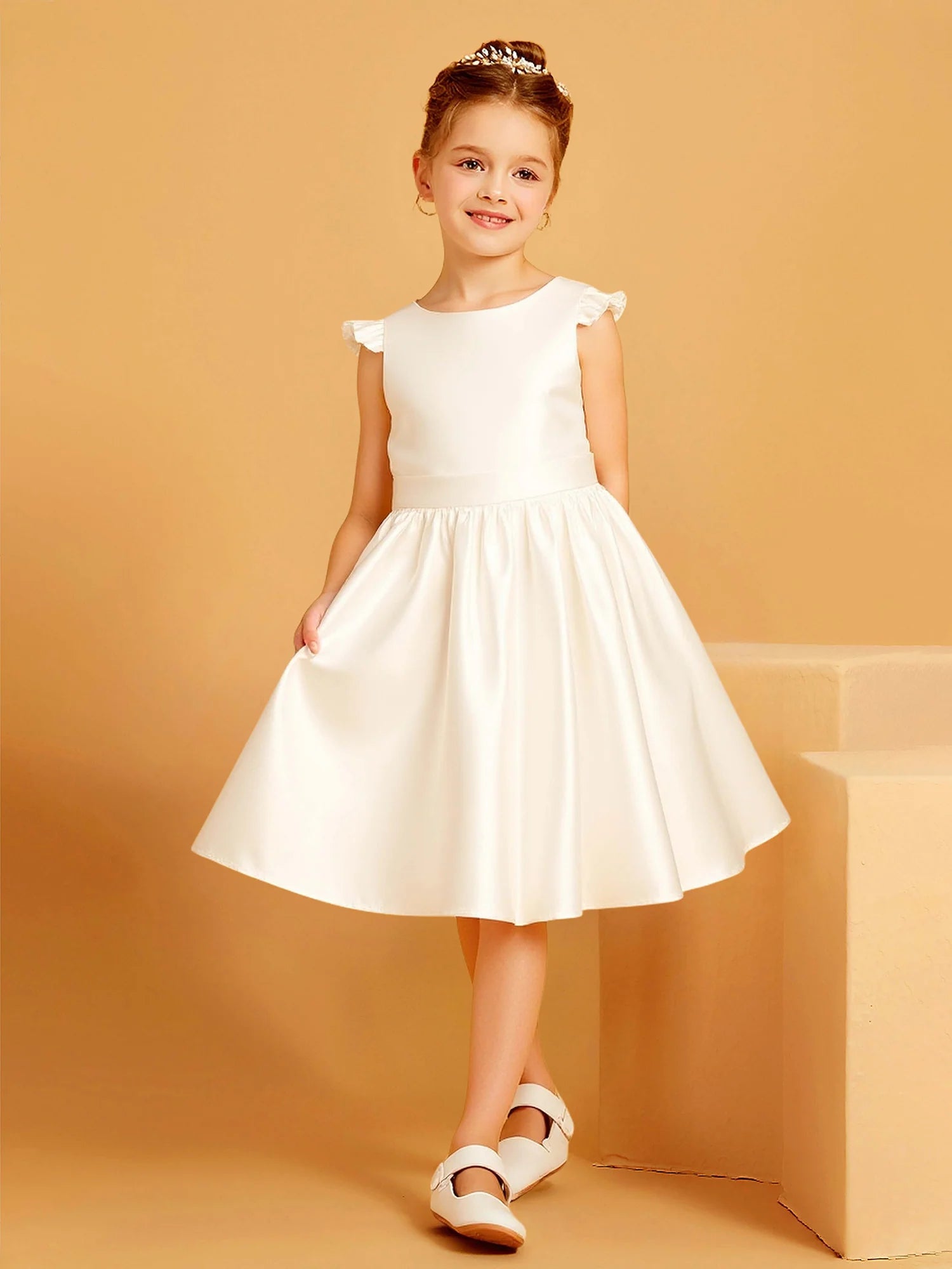Ruffle Cap Sleeve Round Pearl Trim V Back Pink Big Satin Bow Ivory Satin Knee Length Flower Girl Dresses