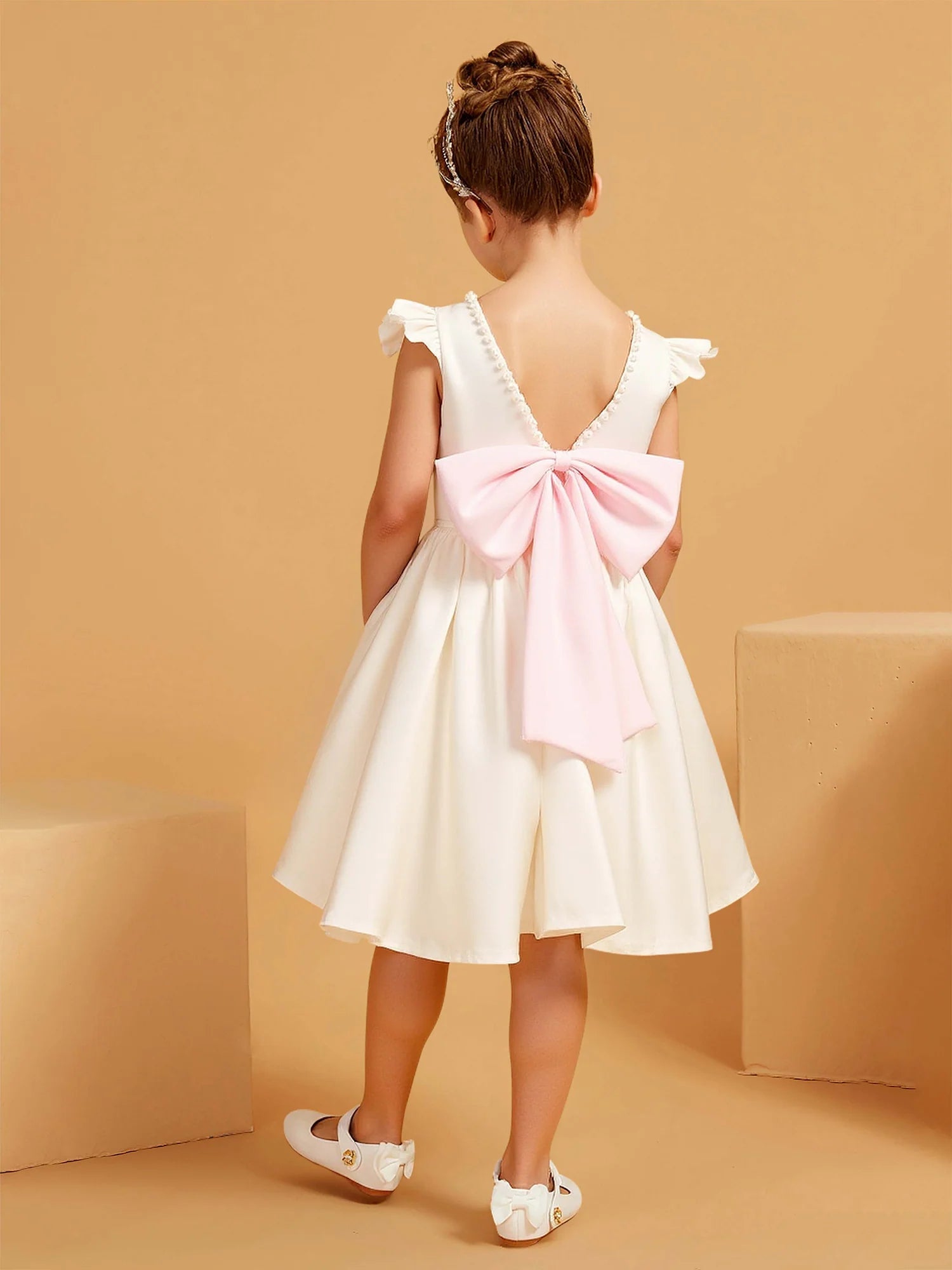 Ruffle Cap Sleeve Round Pearl Trim V Back Pink Big Satin Bow Ivory Satin Knee Length Flower Girl Dresses