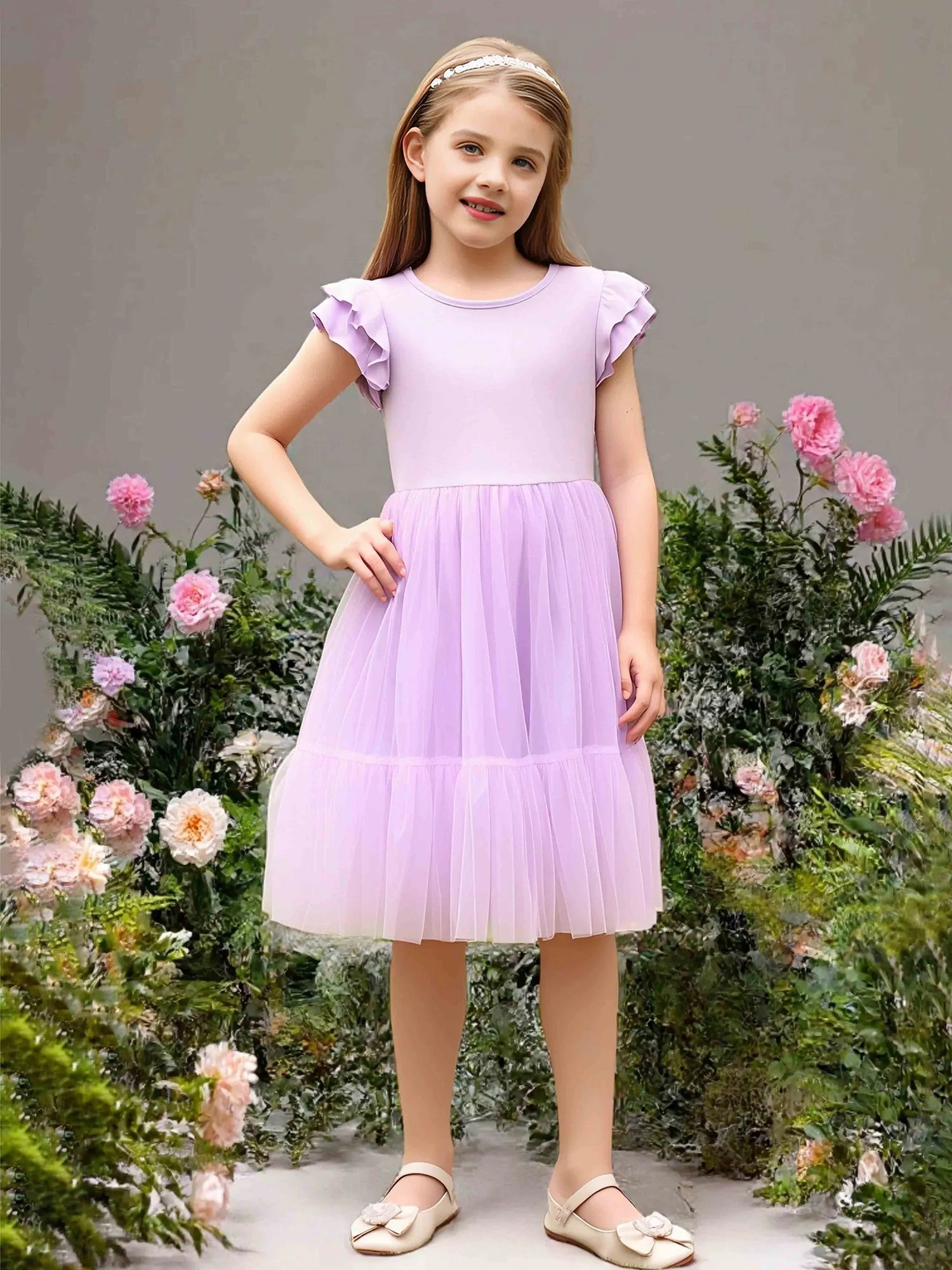 Ruffle Cap Sleeve Round Solid Back Tiered Lavender Tulle Midi Flower Girl Dresses