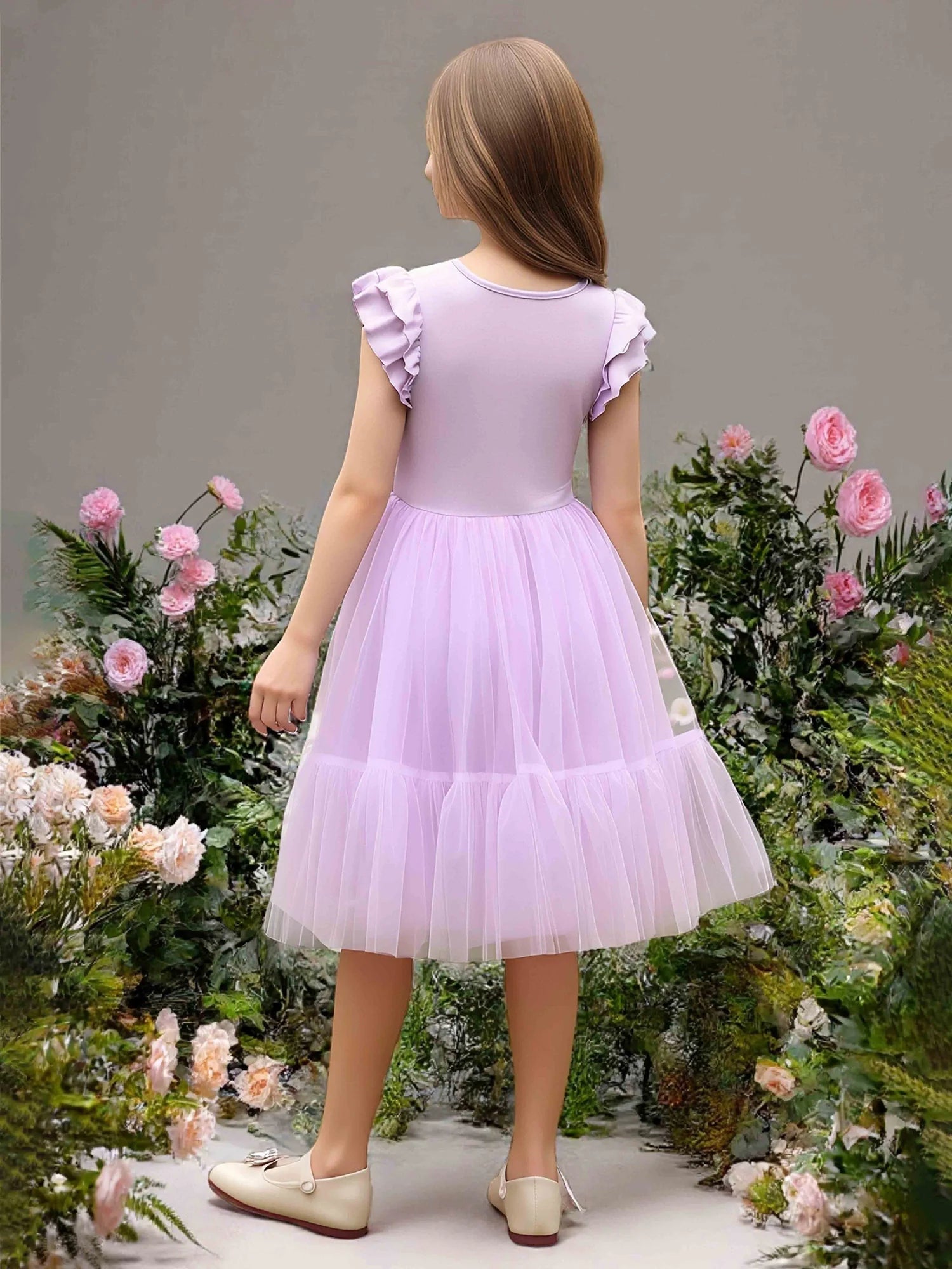 Ruffle Cap Sleeve Round Solid Back Tiered Lavender Tulle Midi Flower Girl Dresses