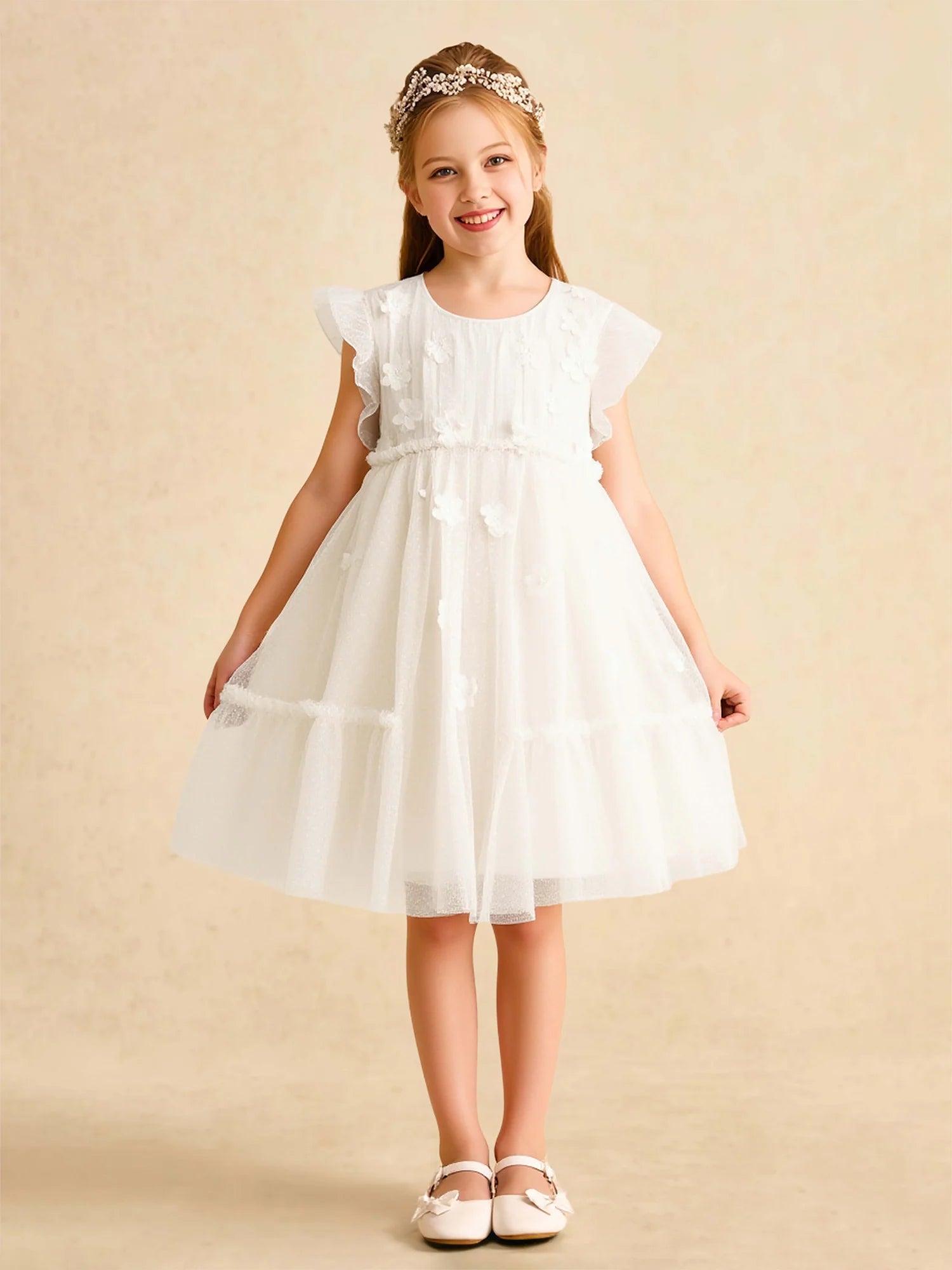 Ruffle Cap Sleeve Round V Back 3D Floral Tiered White Tulle Short Flower Girl Dresses