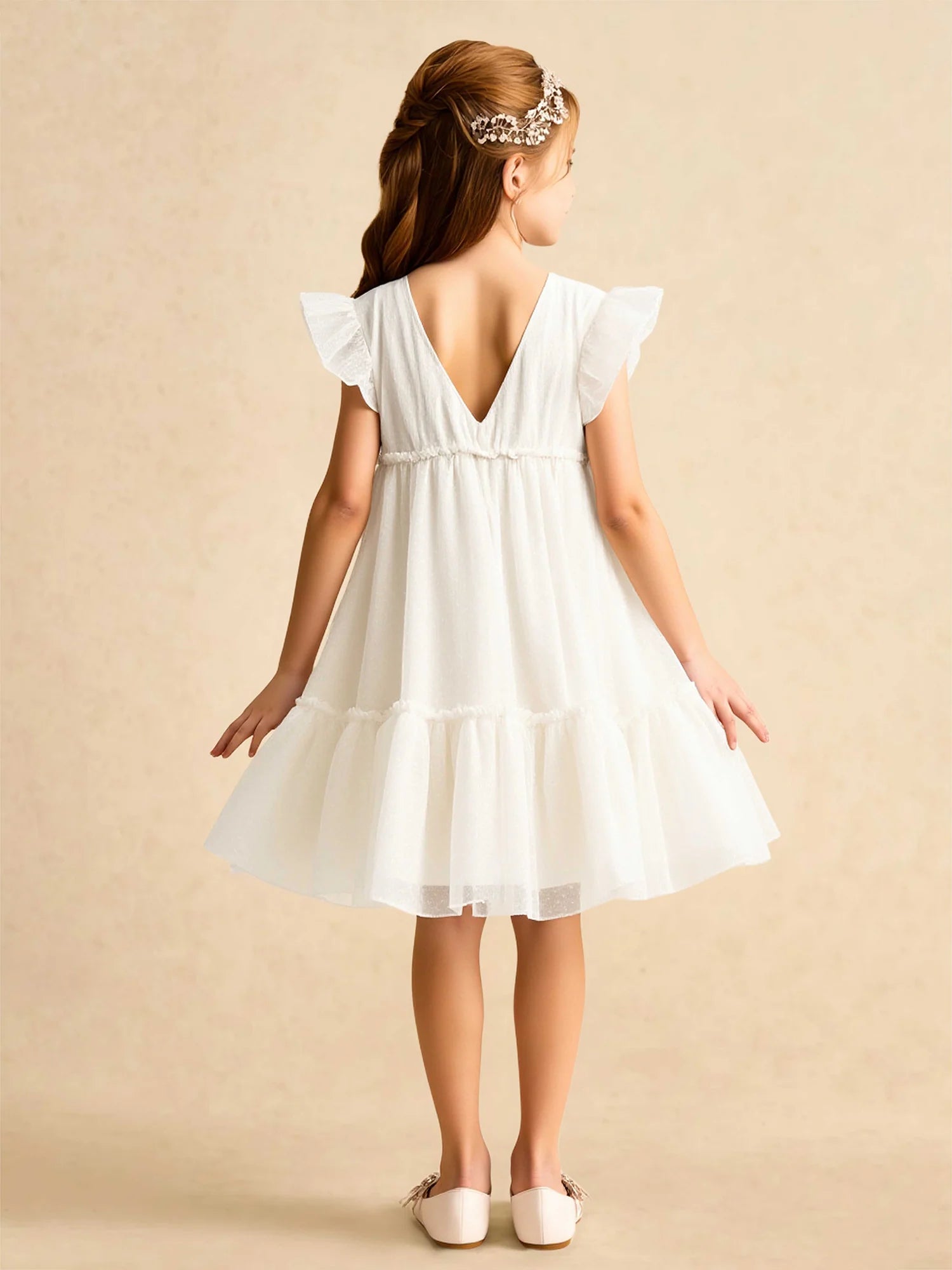 Ruffle Cap Sleeve Round V Back 3D Floral Tiered White Tulle Short Flower Girl Dresses