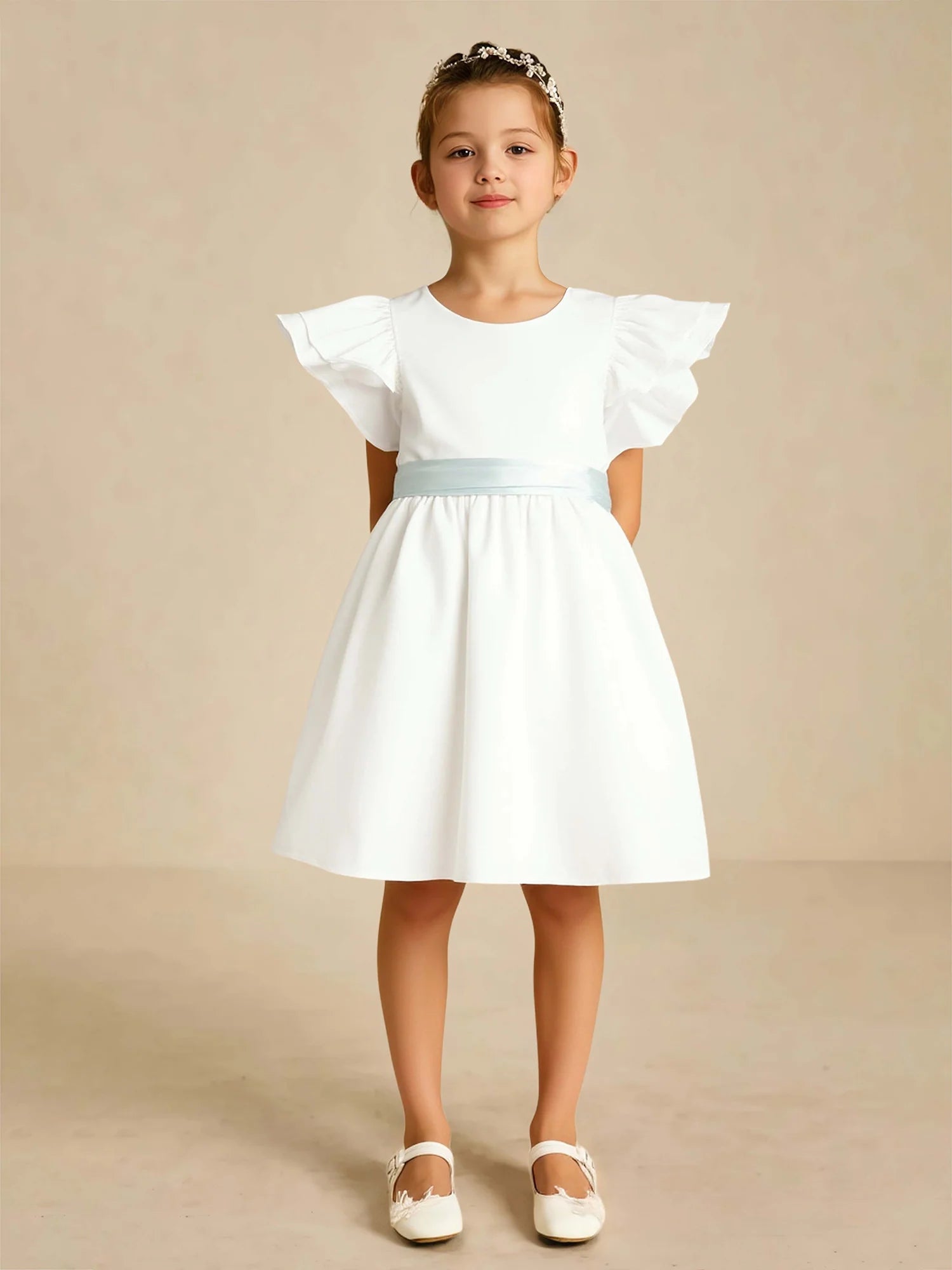 Ruffle Cap Sleeve Round V Back Light Blue Sash Big Bow White Short Flower Girl Dresses