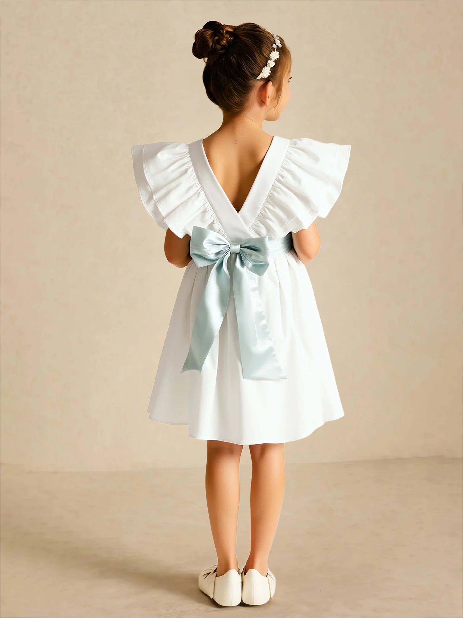Ruffle Cap Sleeve Round V Back Light Blue Sash Big Bow White Short Flower Girl Dresses