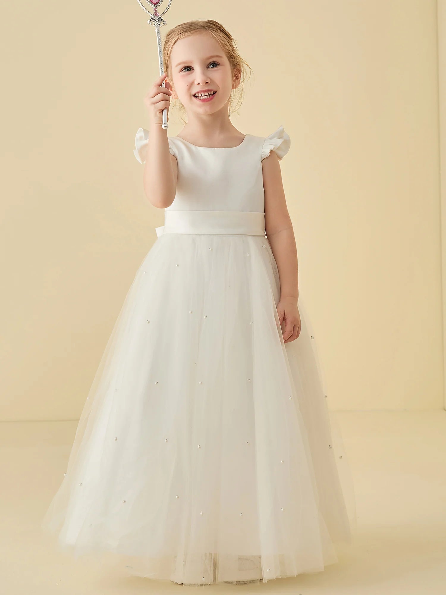 Ruffle Cap Sleeve Square V Back Big Satin Bow Pearl Dotted White Tulle Floor Length Flower Girl Dresses