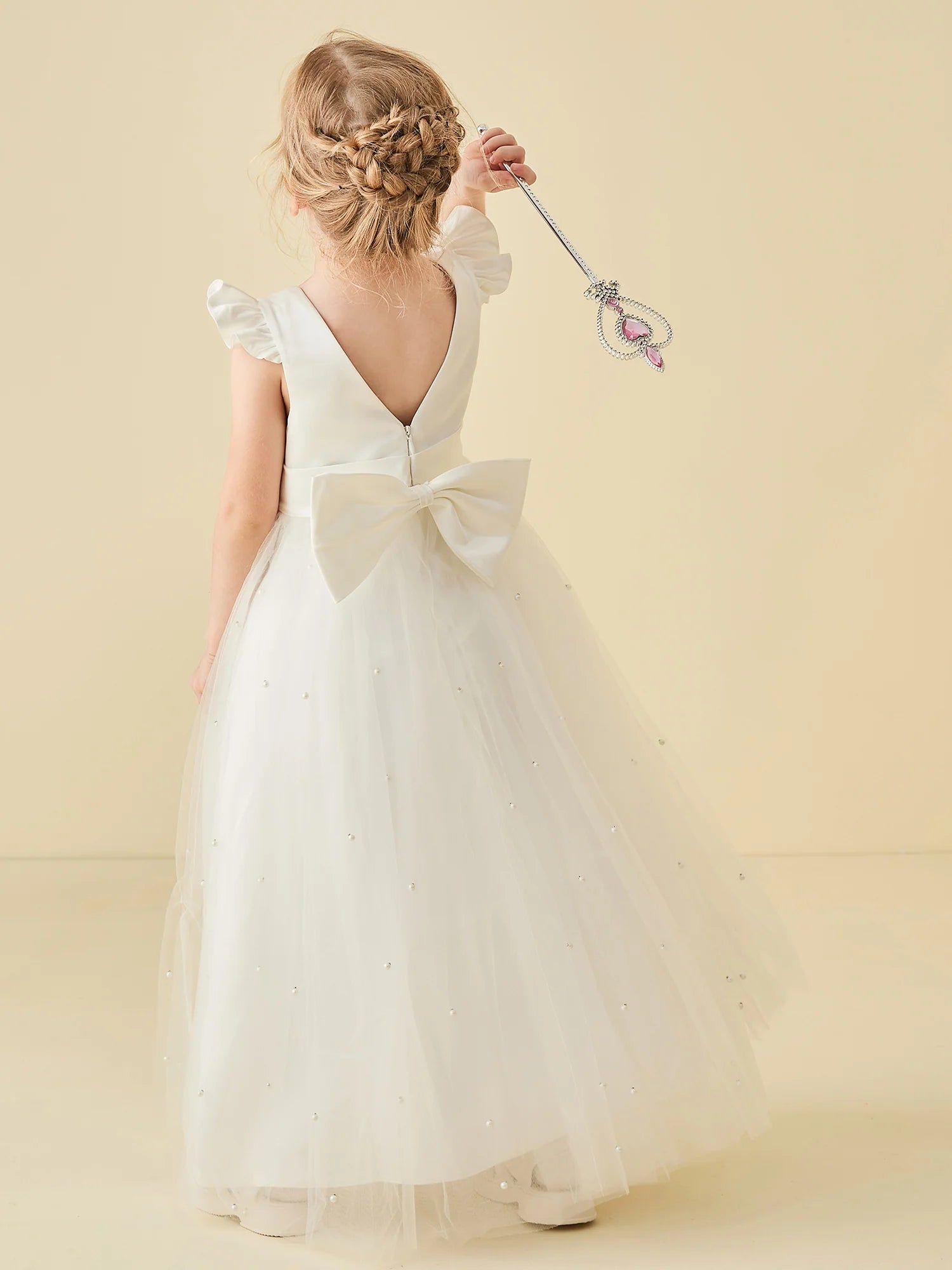 Ruffle Cap Sleeve Square V Back Big Satin Bow Pearl Dotted White Tulle Floor Length Flower Girl Dresses