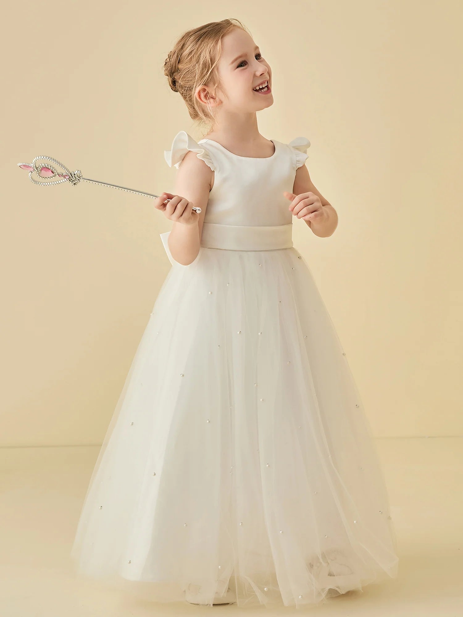 Ruffle Cap Sleeve Square V Back Big Satin Bow Pearl Dotted White Tulle Floor Length Flower Girl Dresses