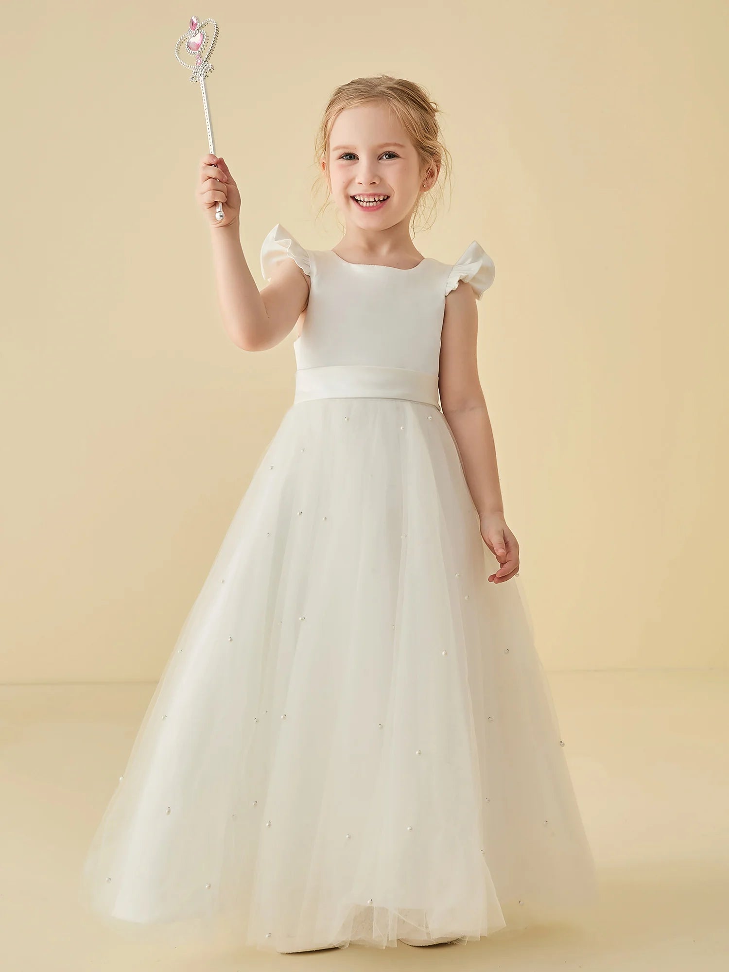 Ruffle Cap Sleeve Square V Back Big Satin Bow Pearl Dotted White Tulle Floor Length Flower Girl Dresses