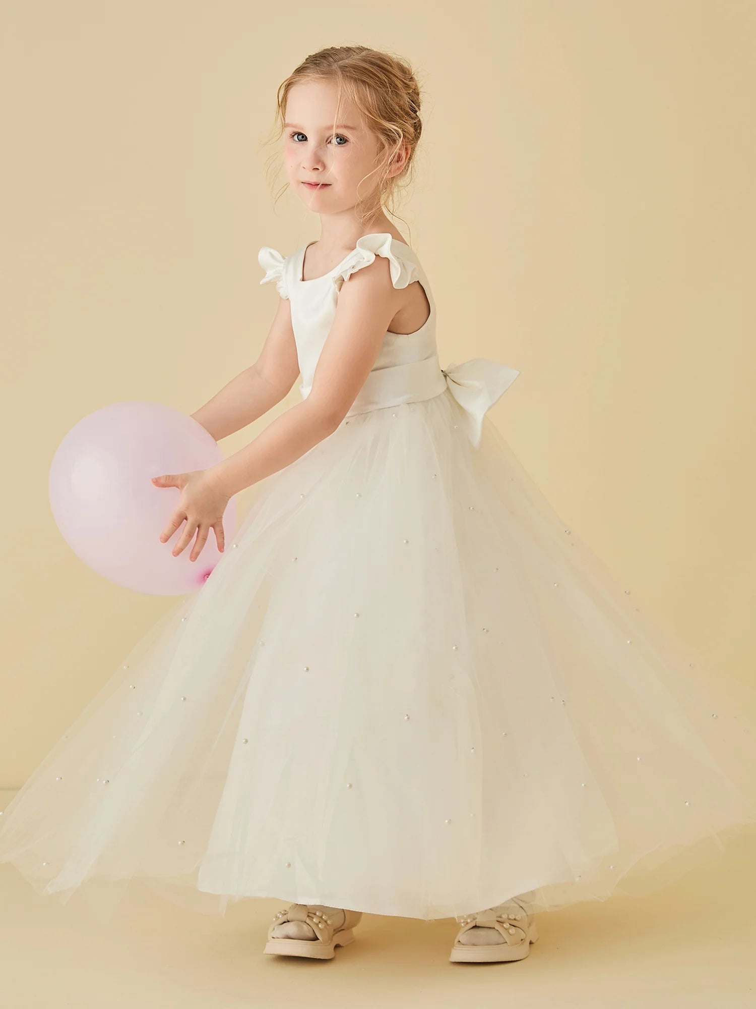 Ruffle Cap Sleeve Square V Back Big Satin Bow Pearl Dotted White Tulle Floor Length Flower Girl Dresses
