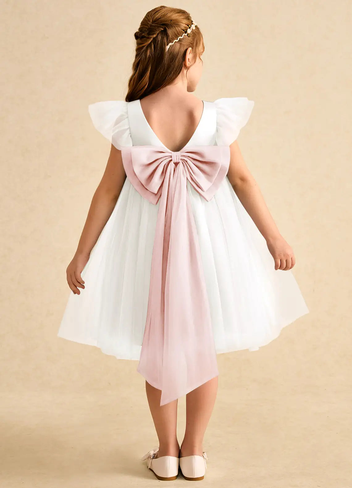 Ruffle Cap Sleeve U-Back Blush Long Tail Bow White Tulle Knee Length Flower Girl Dresses