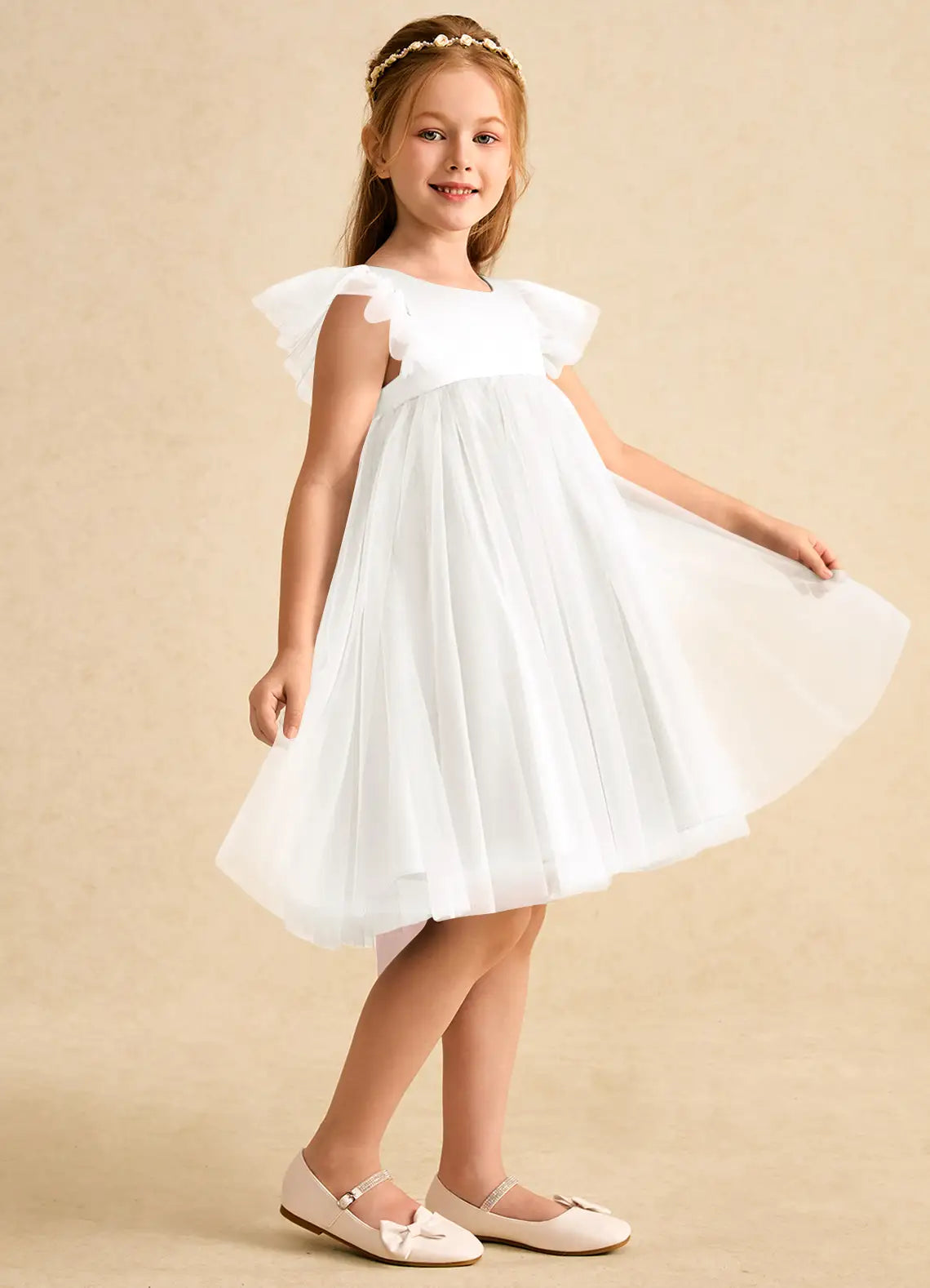 Ruffle Cap Sleeve U-Back Blush Long Tail Bow White Tulle Knee Length Flower Girl Dresses