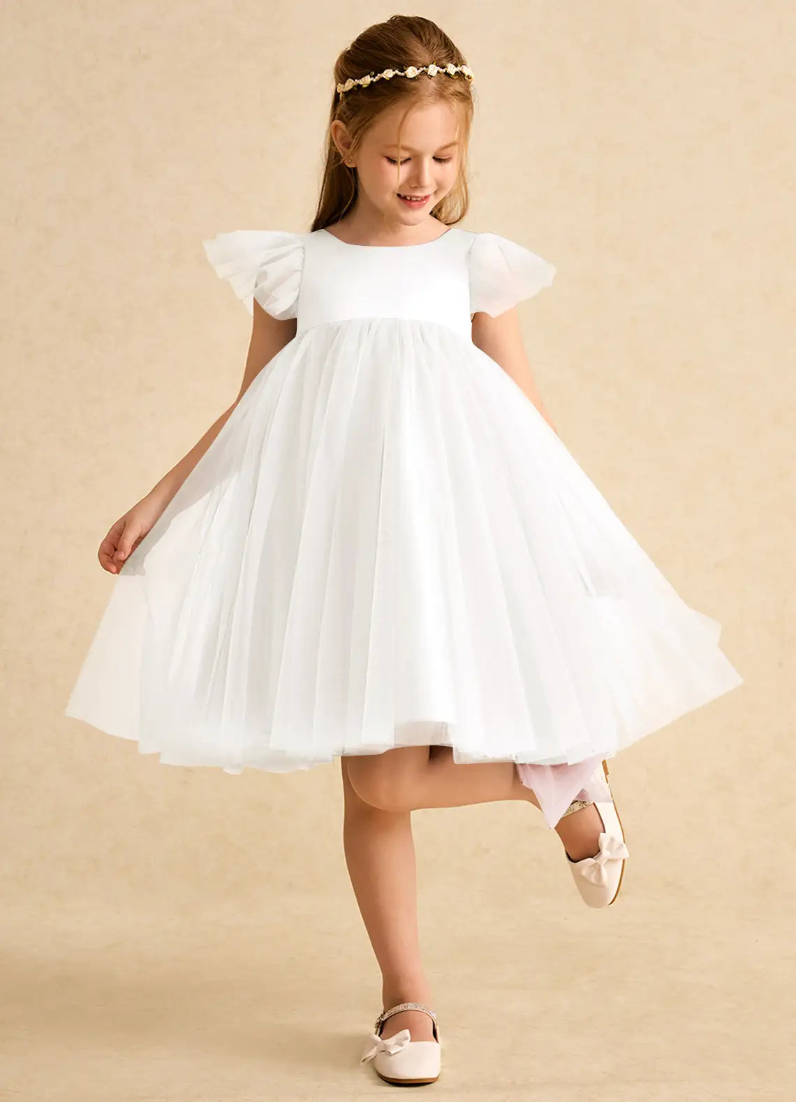 Ruffle Cap Sleeve U-Back Blush Long Tail Bow White Tulle Knee Length Flower Girl Dresses