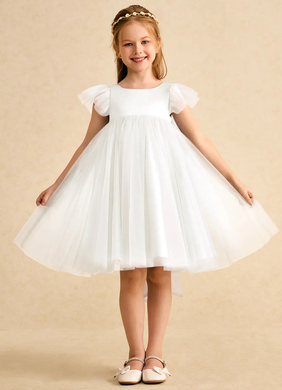 Ruffle Cap Sleeve U-Back Blush Long Tail Bow White Tulle Knee Length Flower Girl Dresses