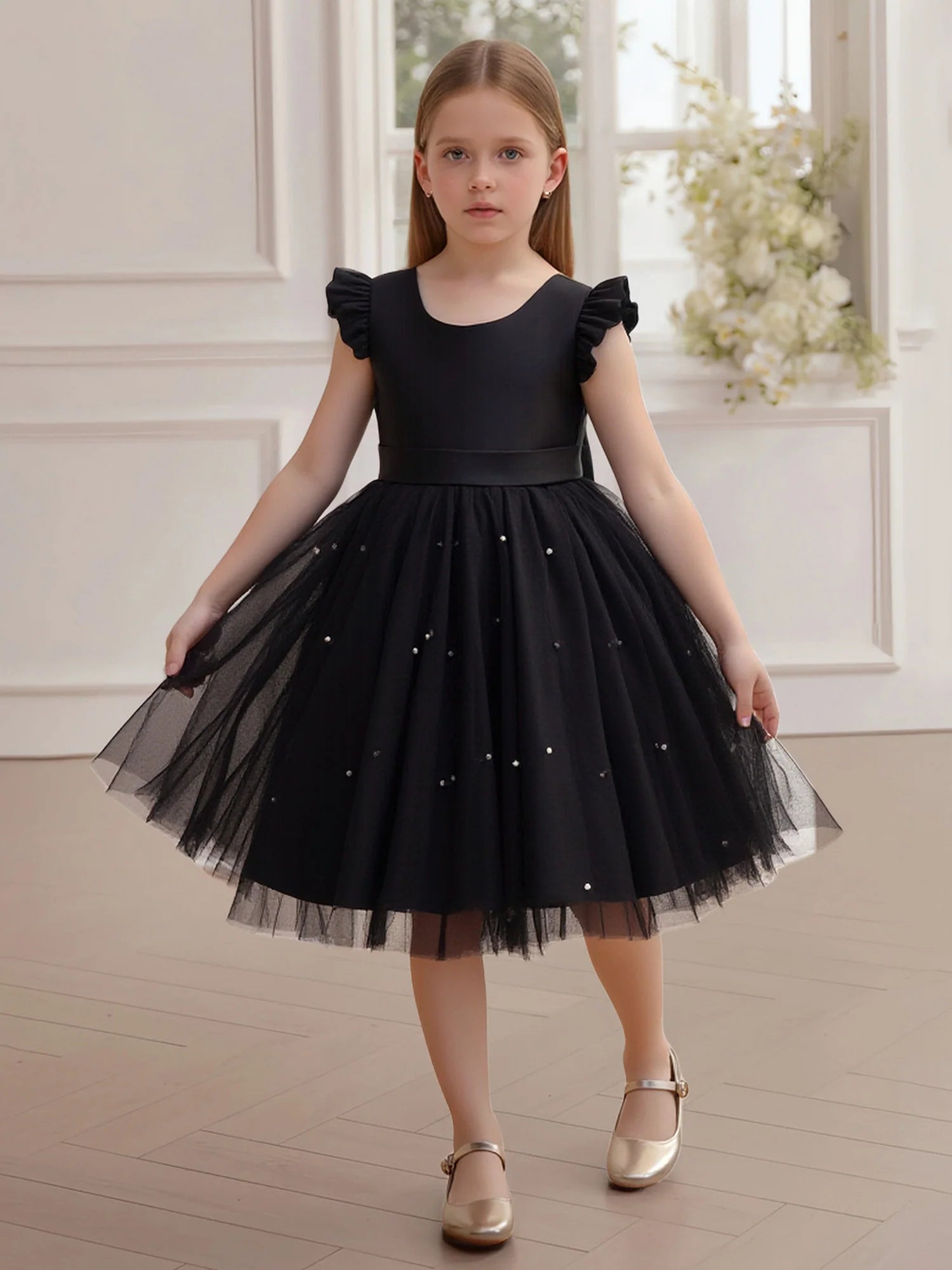 Ruffle Cap Sleeve V Back Oversized Satin Bow Scattered Pearl Black Tulle Short Flower Girl Dresses