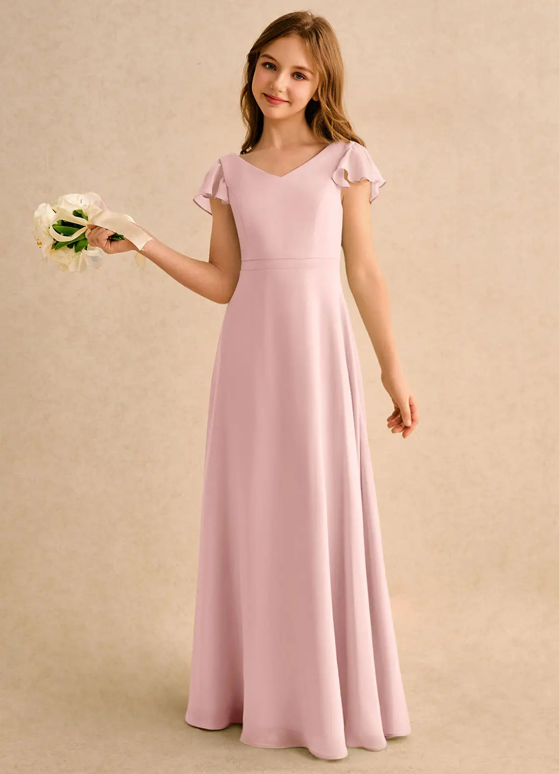 Ruffle Cap Sleeve V Cross Back Dusty Pink Chiffon Long Junior Bridesmaid Dresses