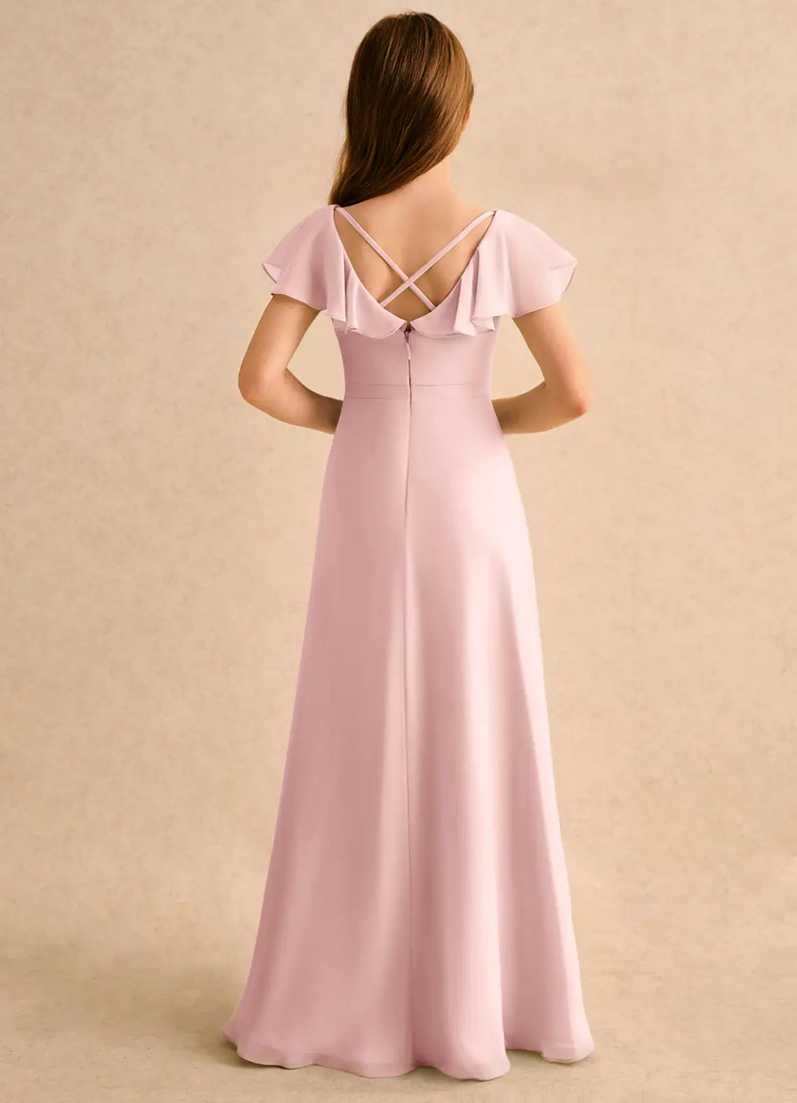 Ruffle Cap Sleeve V Cross Back Dusty Pink Chiffon Long Junior Bridesmaid Dresses