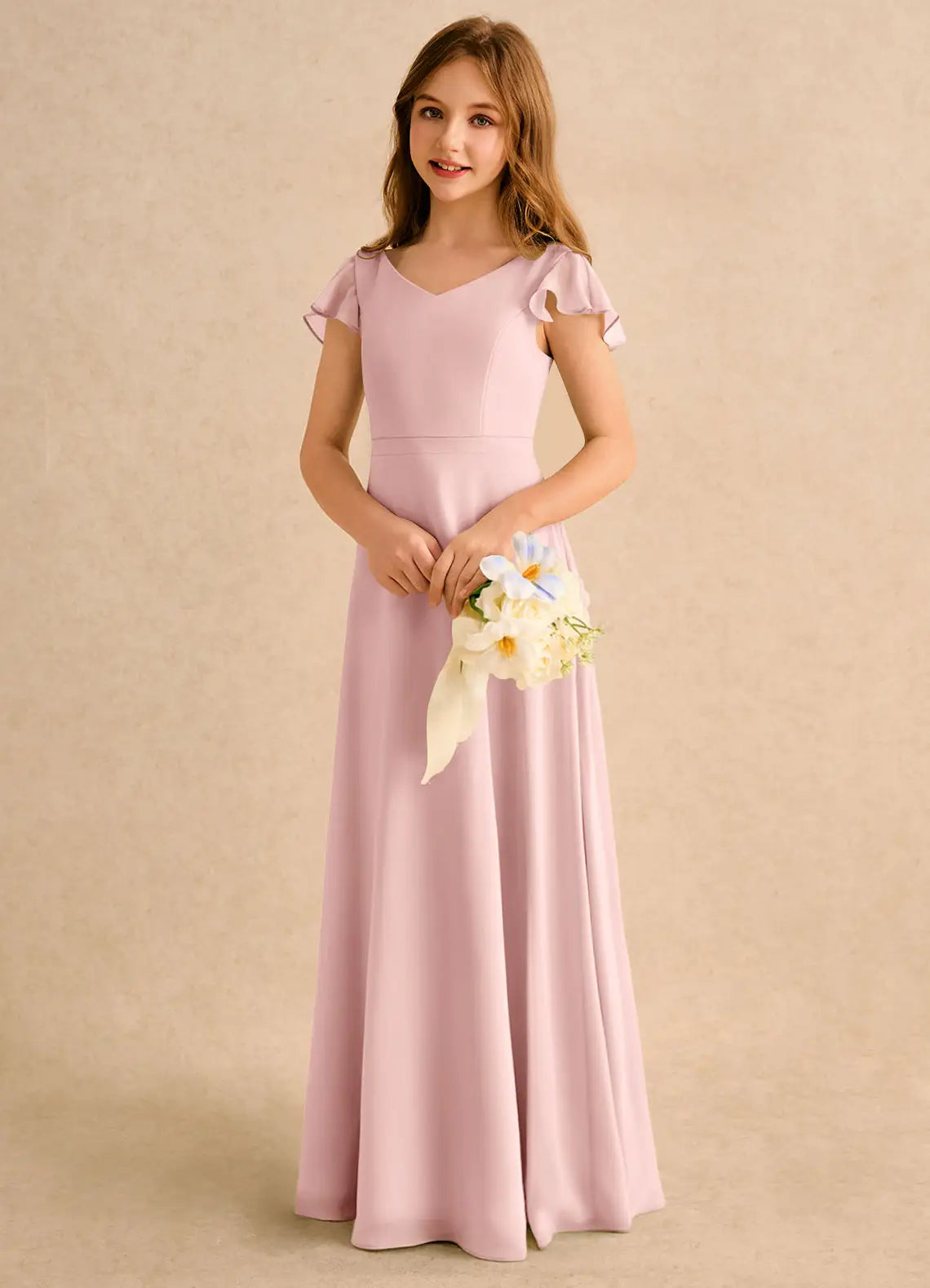 Ruffle Cap Sleeve V Cross Back Dusty Pink Chiffon Long Junior Bridesmaid Dresses