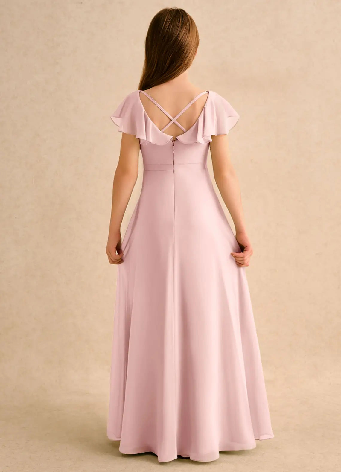 Ruffle Cap Sleeve V Cross Back Dusty Pink Chiffon Long Junior Bridesmaid Dresses