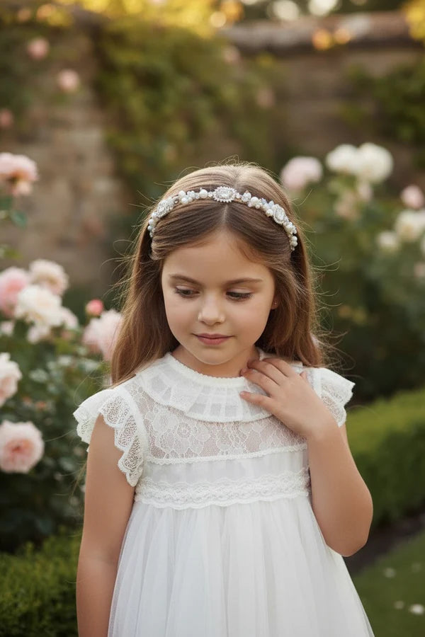 Ruffle High Neck Cap Sleeve White Tulle Midi Empire Waist First Communion Dresses