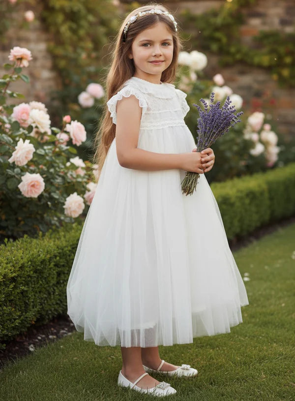 Ruffle High Neck Cap Sleeve White Tulle Midi Empire Waist First Communion Dresses