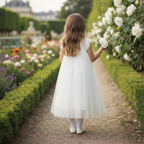 Ruffle High Neck Cap Sleeve White Tulle Midi Empire Waist First Communion Dresses