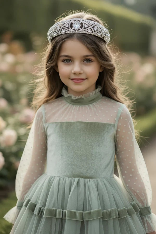 Ruffle High Neck Polka Dot Long Sleeve Sage Green Velvet Tulle Midi Flower Girl Dresses