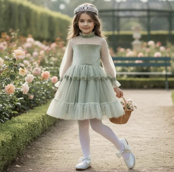 Ruffle High Neck Polka Dot Long Sleeve Sage Green Velvet Tulle Midi Flower Girl Dresses