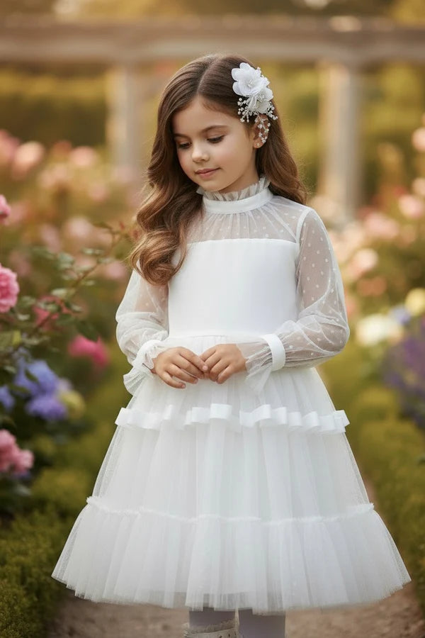 Ruffle High Neck Polka Dot Long Sleeve White Tiered Tulle Midi First Communion Dresses