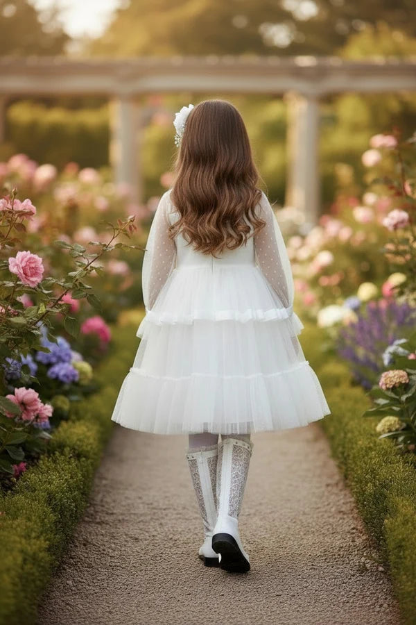 Ruffle High Neck Polka Dot Long Sleeve White Tiered Tulle Midi First Communion Dresses