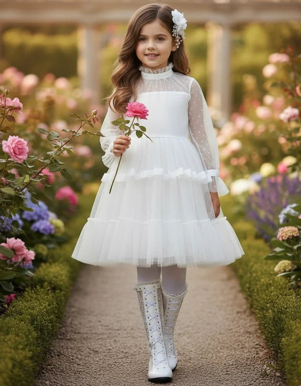 Ruffle High Neck Polka Dot Long Sleeve White Tiered Tulle Midi First Communion Dresses