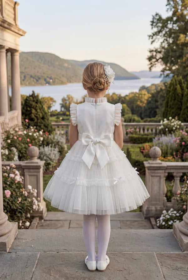 Ruffle High Neck Sleeveless White Tier Tulle Short First Communion Dresses