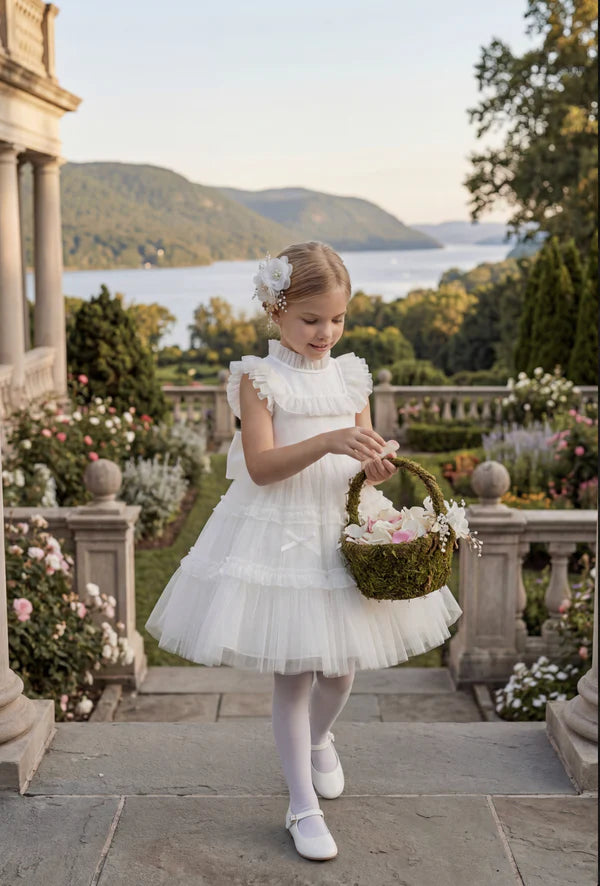 Ruffle High Neck Sleeveless White Tier Tulle Short First Communion Dresses