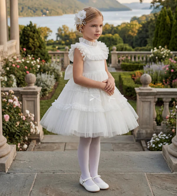 Ruffle High Neck Sleeveless White Tier Tulle Short First Communion Dresses