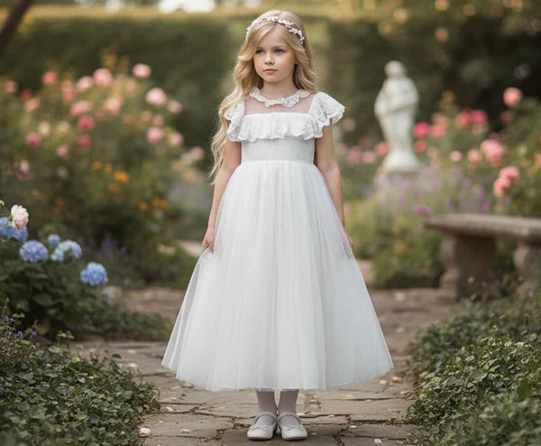 Ruffle Illusion Neck Cap Sleeve White Tulle Midi First Communion Dresses