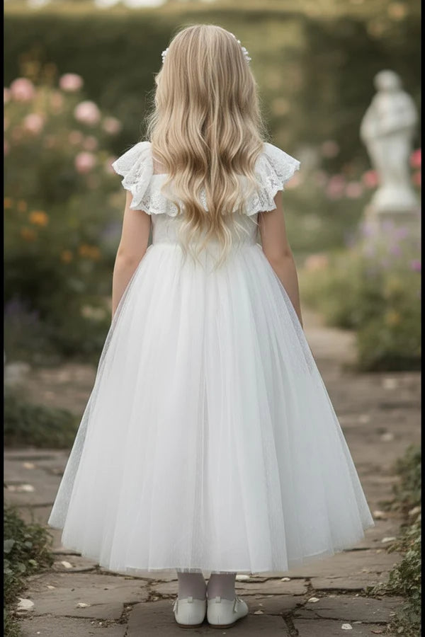 Ruffle Illusion Neck Cap Sleeve White Tulle Midi First Communion Dresses