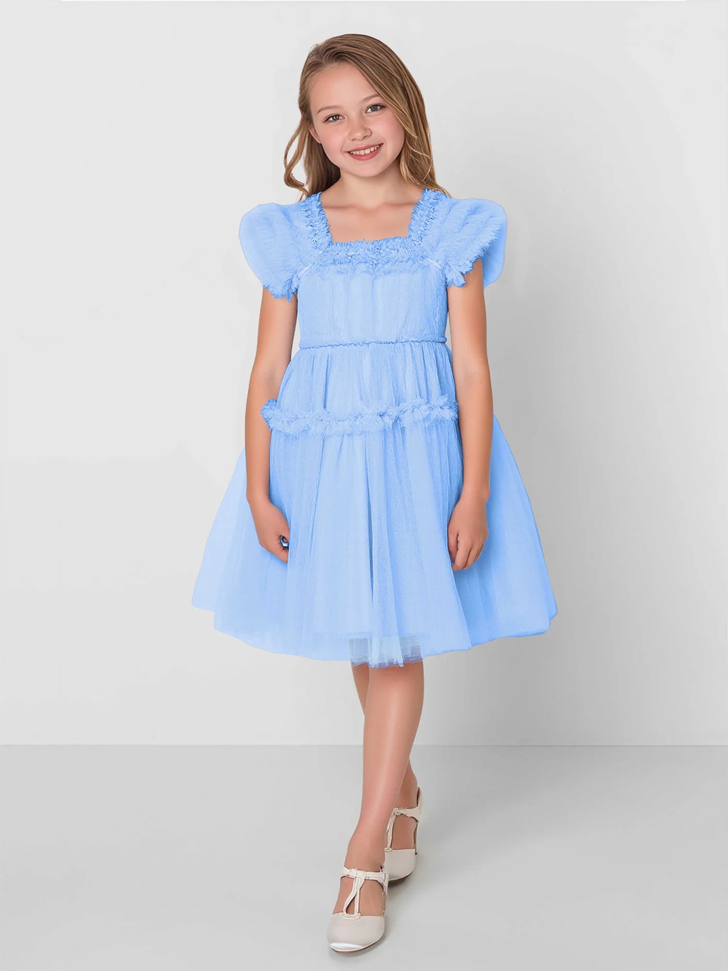 Ruffle Puff Sleeve Square Smocked Back Tiered Tulle Sky Blue Short Flower Girl Dresses
