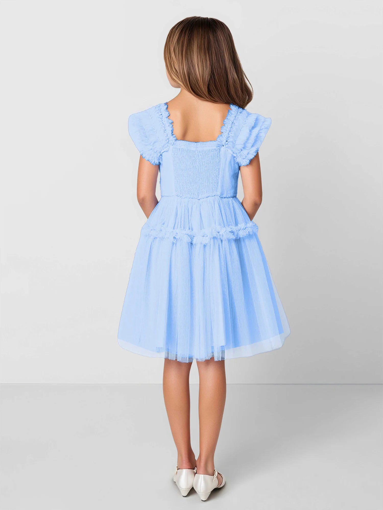 Ruffle Puff Sleeve Square Smocked Back Tiered Tulle Sky Blue Short Flower Girl Dresses