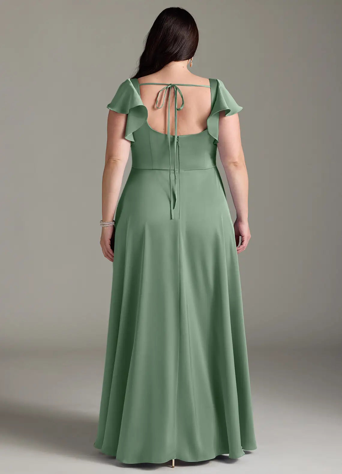 Ruffle Sleeve Tie-Back Slit Floor-Length Plus Size Bridesmaid Dress