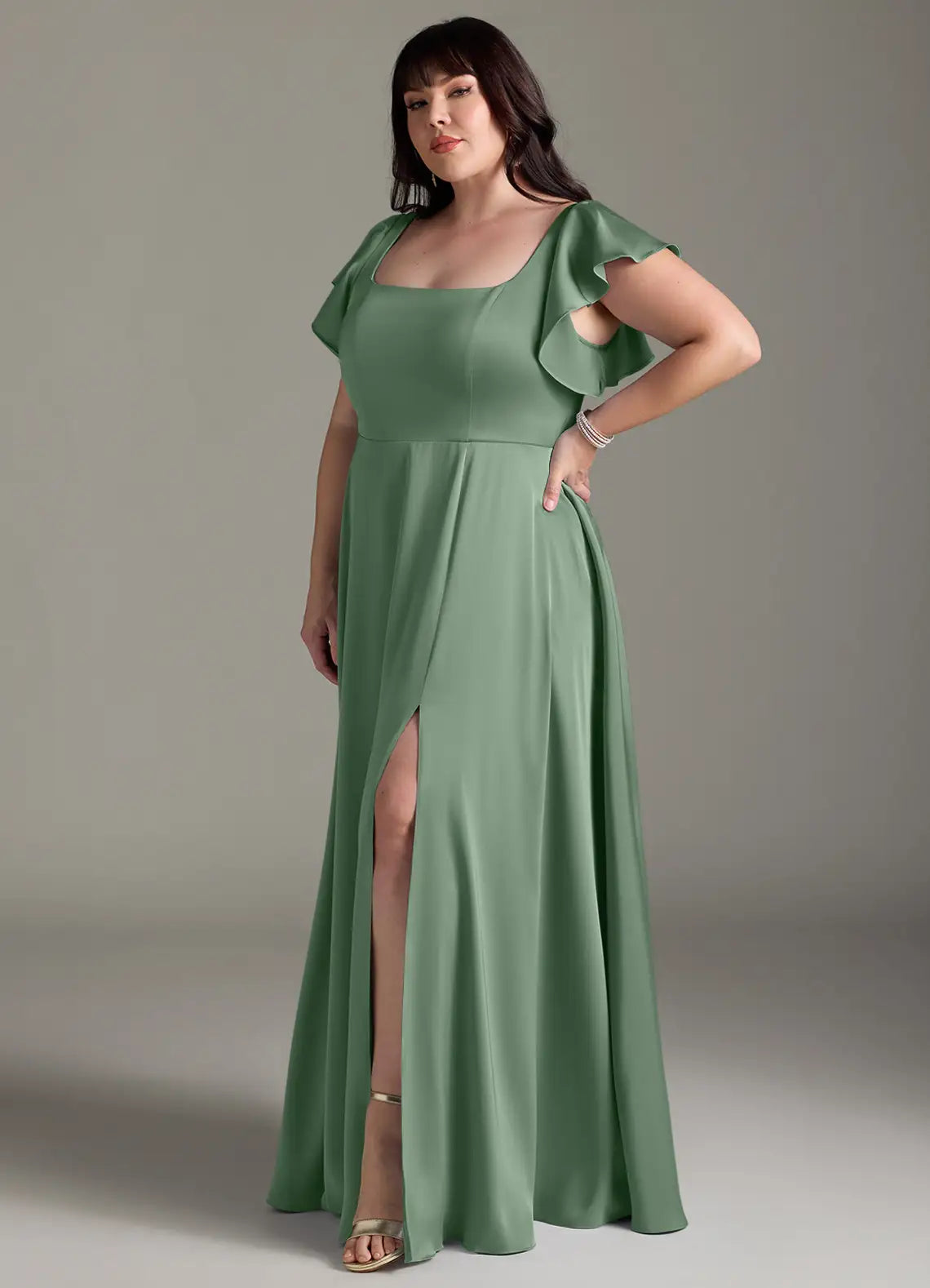 Ruffle Sleeve Tie-Back Slit Floor-Length Plus Size Bridesmaid Dress